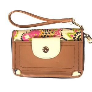 Spartina 449 Wristlet Wallet OS Paisley Linen Leather Tan Pink Boho Clutch
